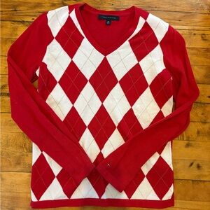 Tommy Hilfiger Red and White V-Neck Argyle Sweater